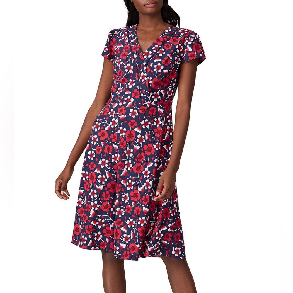 Draper James Yoke Trimmed Dress Floral V-Neck Red and Blue Floral